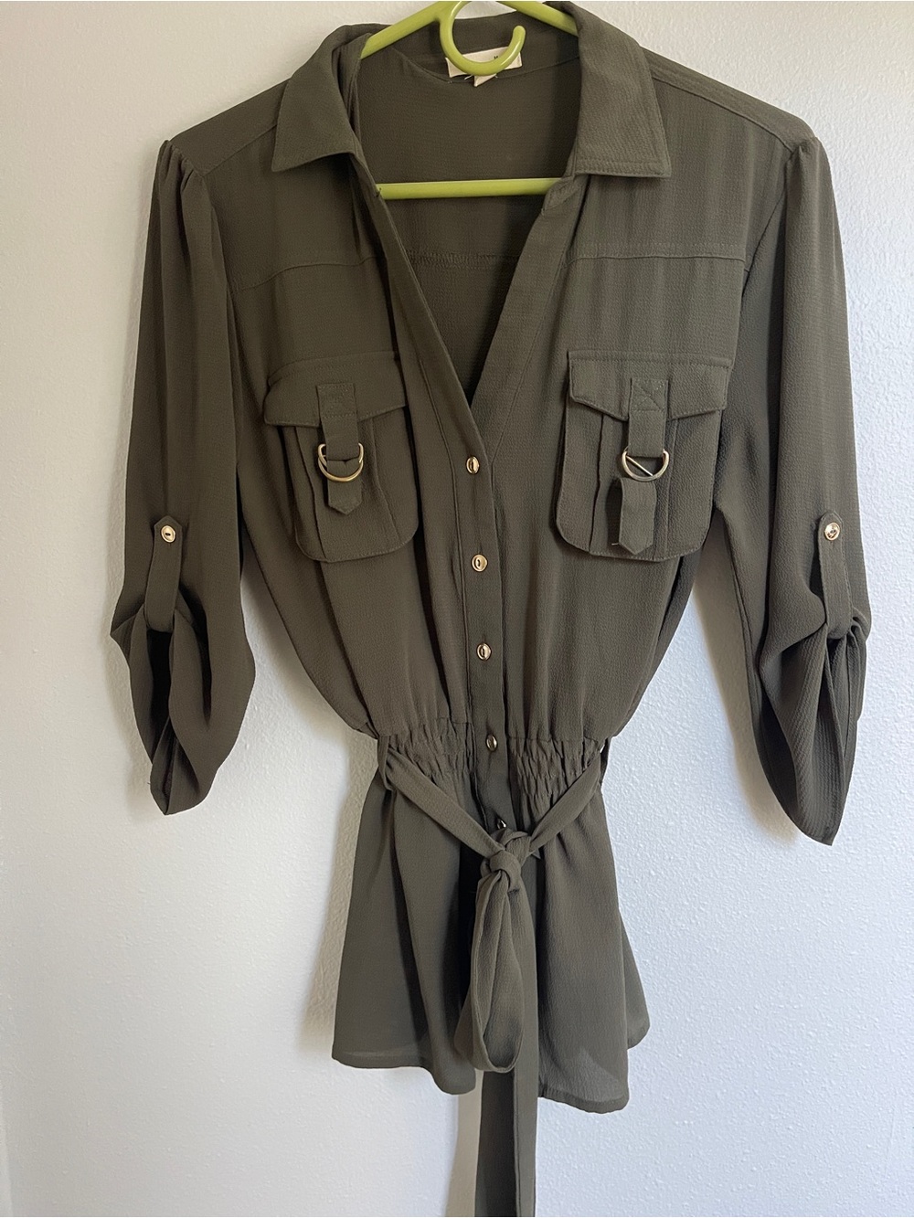 Kaii Olive Utility Tie-Waist Tunic with Gold Ring Accents